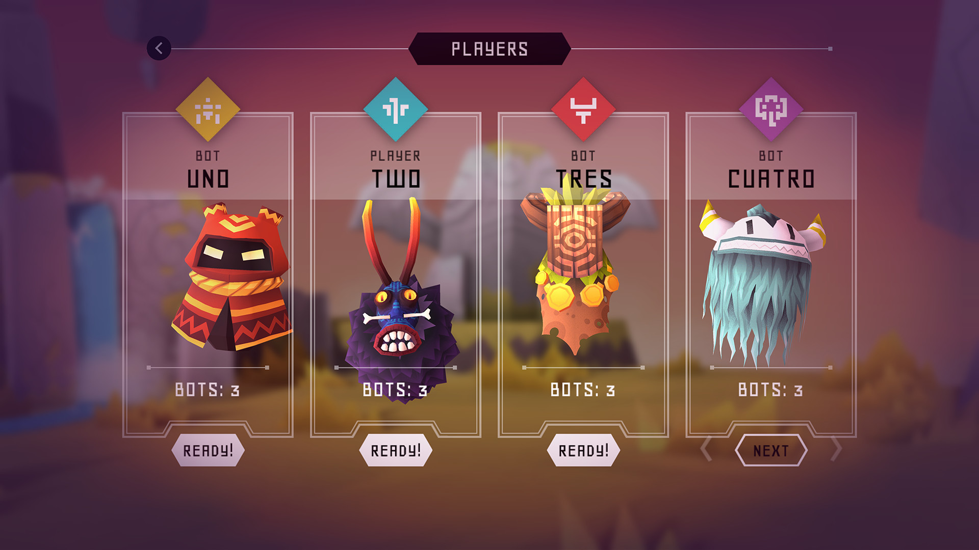 Karakterválasztó képernyő — 4 karakter: Uno, Two, Tres, Cuatro