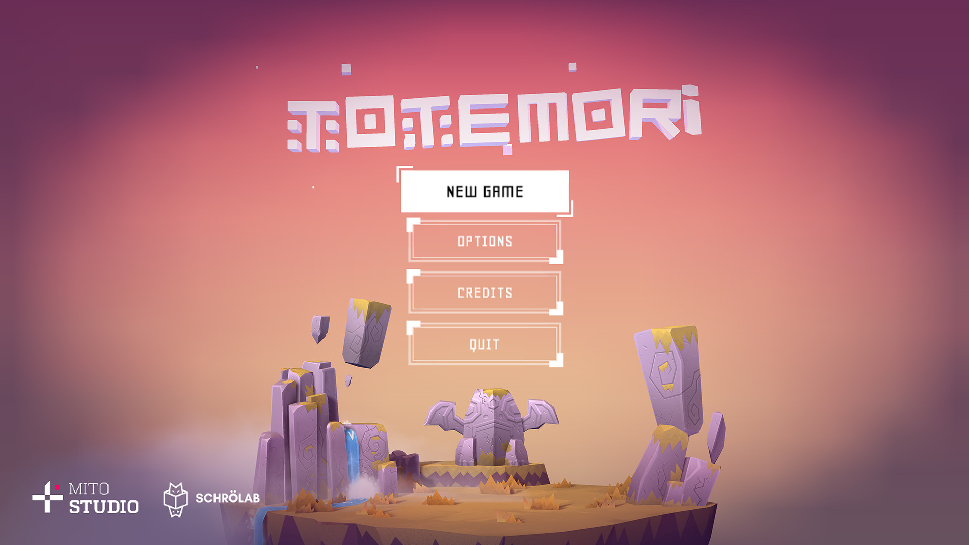 Totemori főmenü — logo, New Game, Options, Credits, Quit
