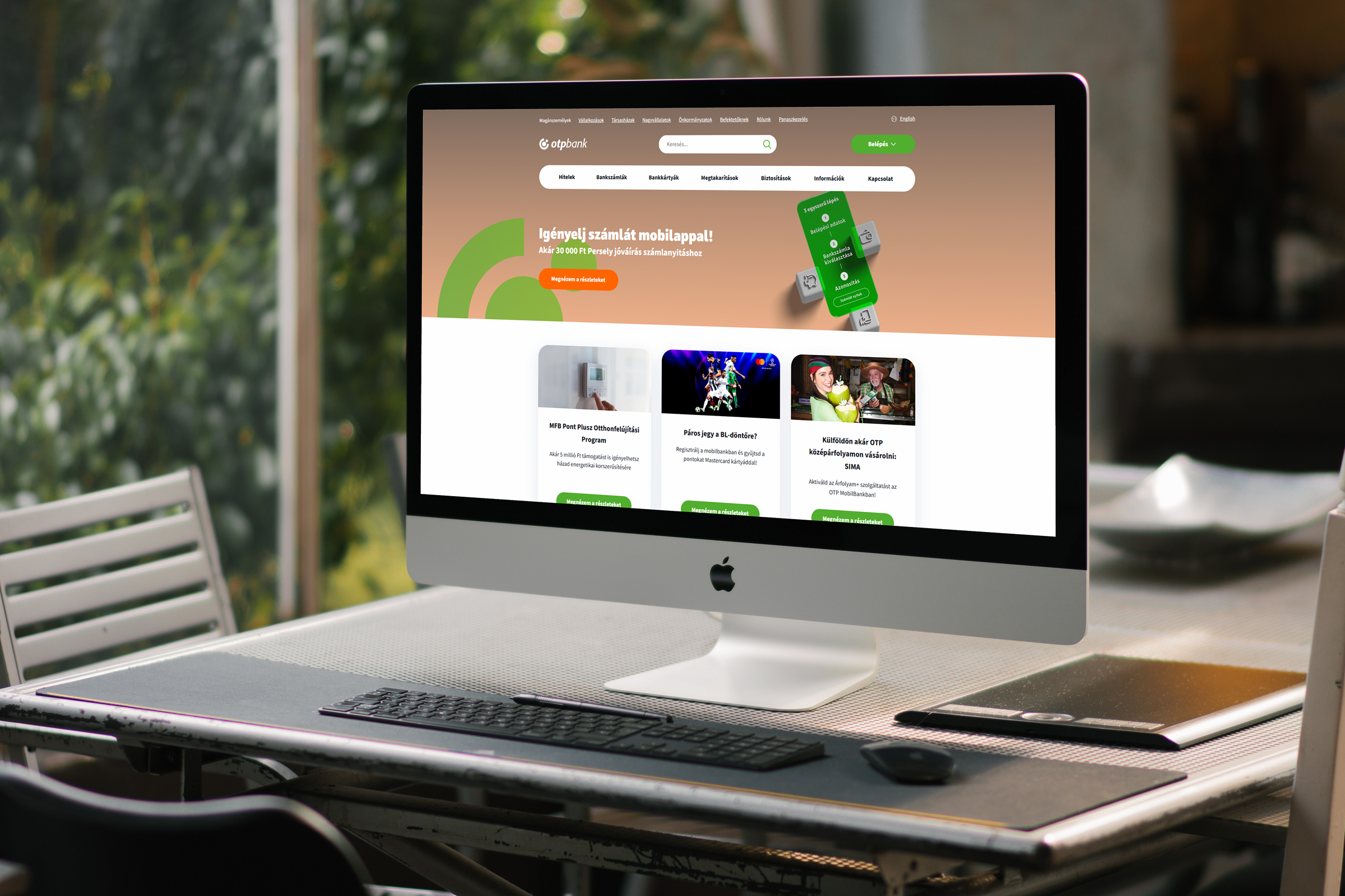 OTP Bank weboldal iMac mockupon, teraszos környezetben