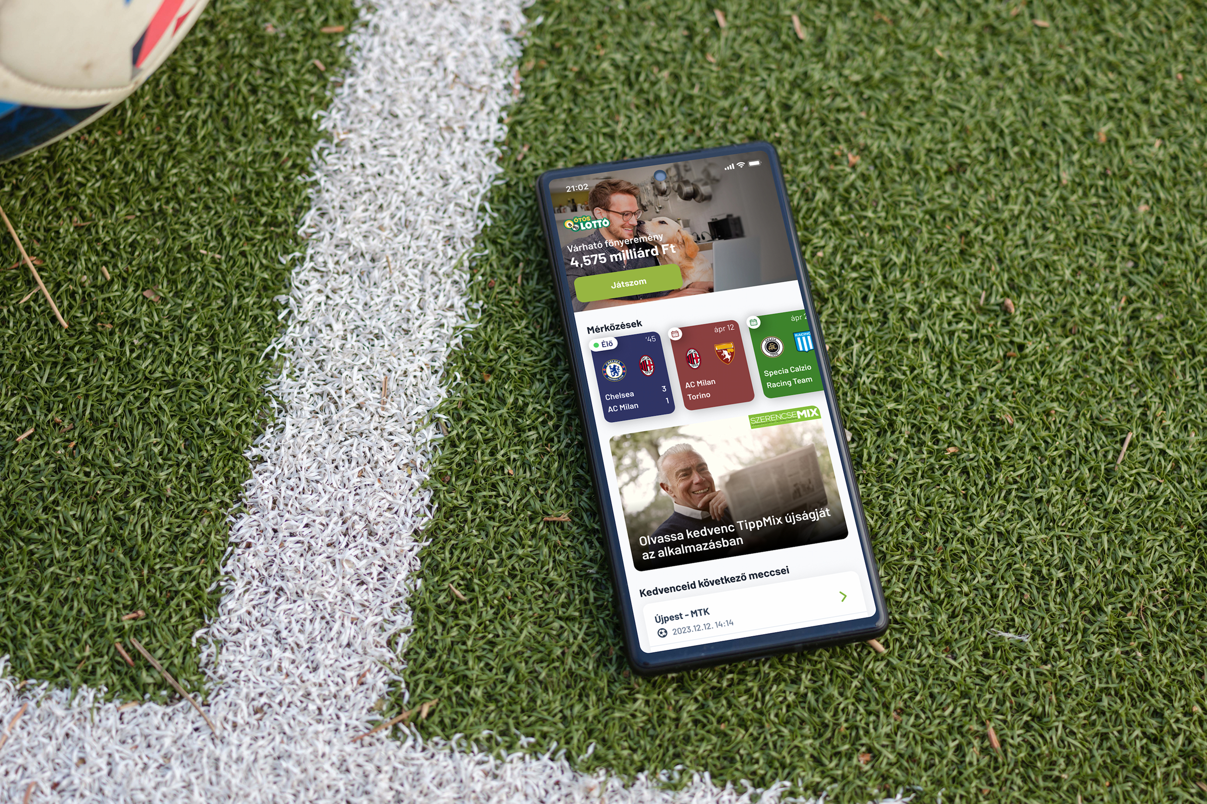 TippMix Radar 2.0 alkalmazás Android telefonon, focipálya mellett